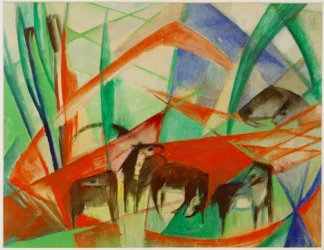 Landschaft mit schwarzen Pferden